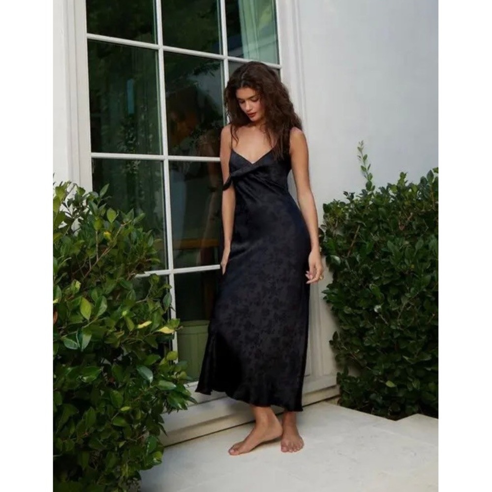 AQUA x Liat Baruch Floral Silk Jaquard Maxi Dress Tie Shoulder Black XS